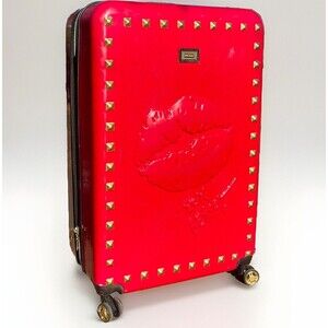 CUSTOM BETSEY JOHNSON Hot Pink LIPS Gold STUDDED Hardcover Expanding Luggage 26”